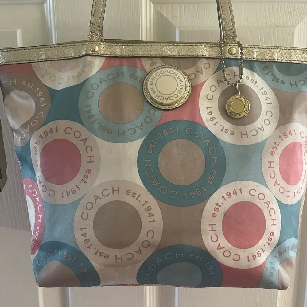 Coach satin scarf print 1941 beige ,khaki,peach & mint green color small tote. - Picture 2 of 16